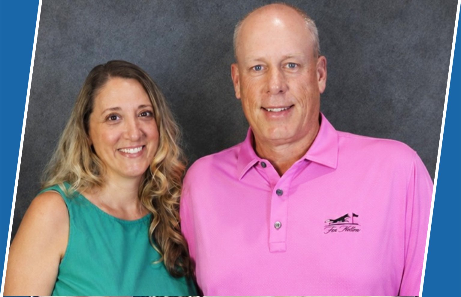 Smiling woman in teal and man in a pink polo posing together