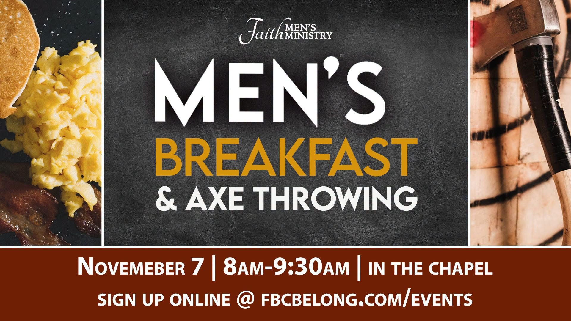 Men's Breakfast and Axe Throwing flyer, November 7, 8 to 9:30 AM in the Chapel