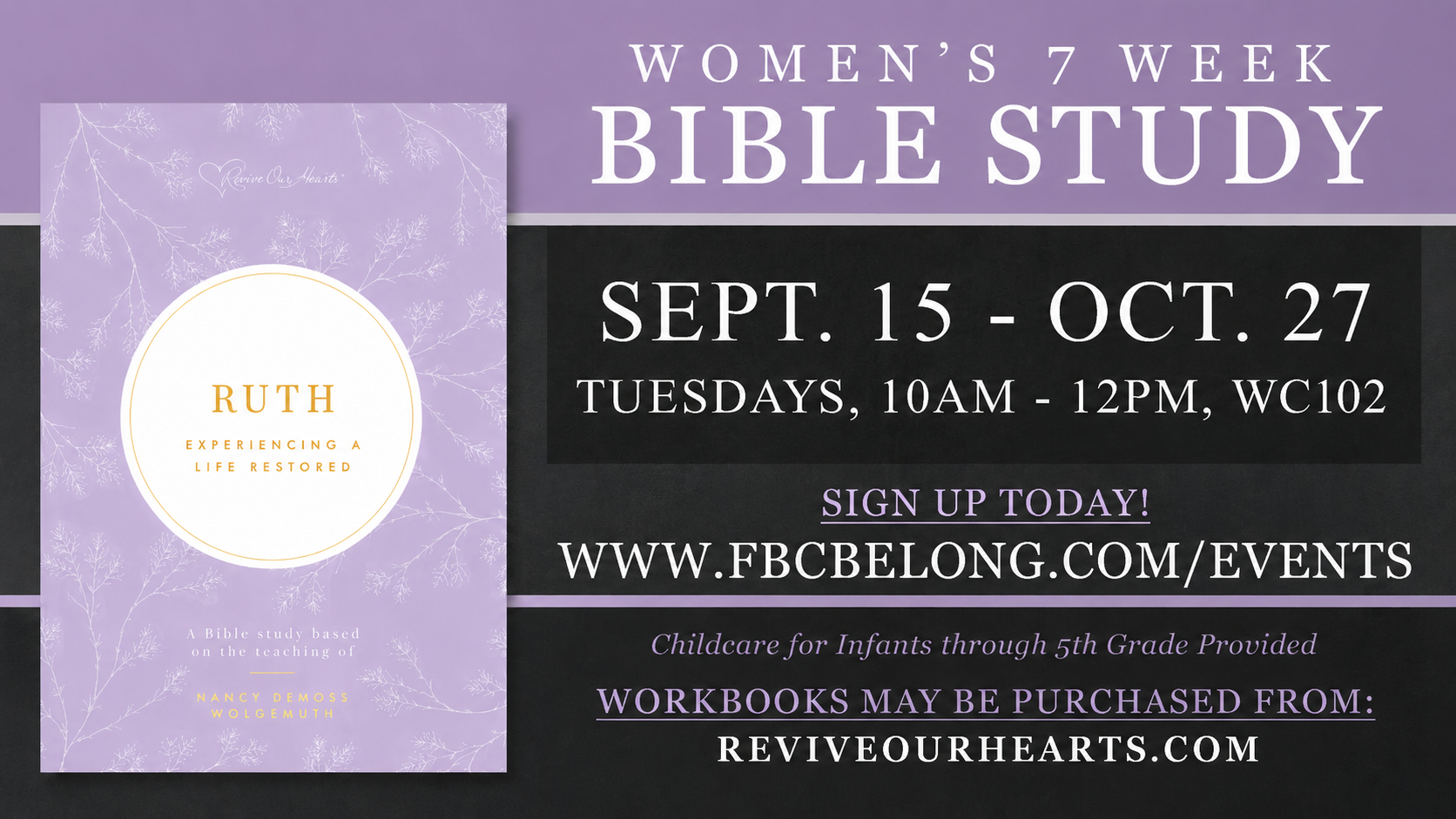 Promotional slide for a women's 7-week Bible study on Ruth, Sept. 15 to Oct. 27
